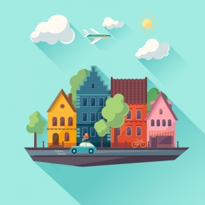 a vector graphics of buildings, clouds, and an airplane