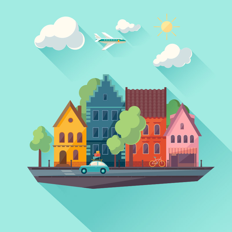 a vector graphics of buildings, a car, and an airplane